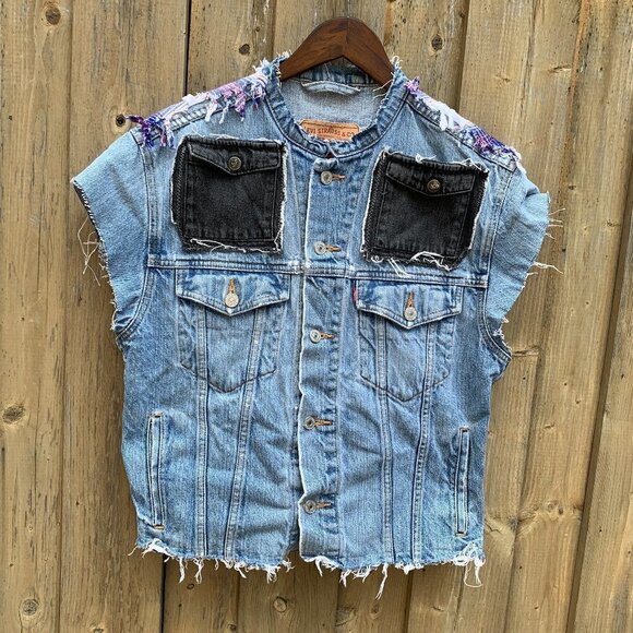 Vintage 2004 Levis Patchwork Jean Jacket Vest Small - Picture 1 of 10
